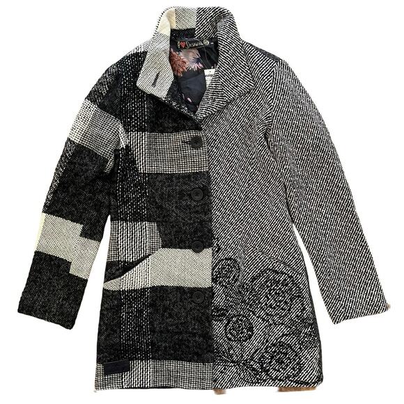 NWT Desigual Wool Blend Coat Womens 4 Tweed Embroidered Plaid Artsy Jacket Pea - Picture 16 of 16